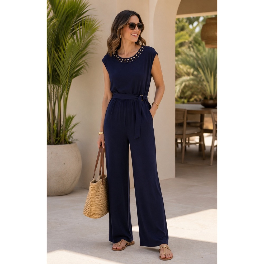 Michael Kors Navy Blue Studded Neck Wide Leg Jumpsuit Gold Hardware Sleeveless